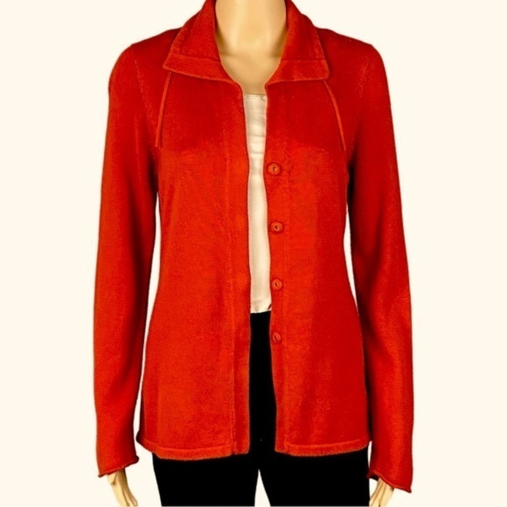 EILEEN FISHER Organic Cotton dark orange red snap Cardigan Sweater Petite Small